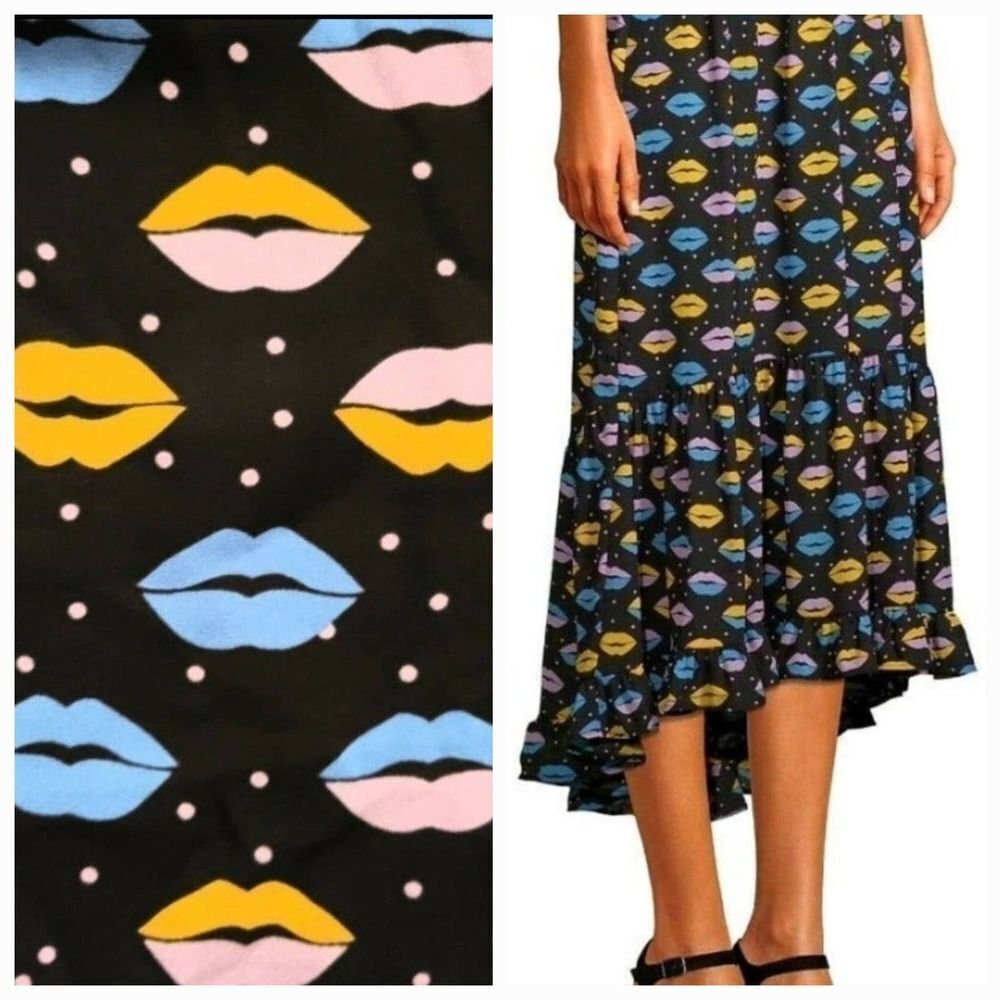 SUI By Anna Sui Women's Size XS Black Polka Dots Novelty Lips Polyester Skirt